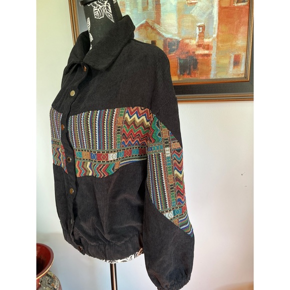 Black Corduroy Jacket with Tribal Multicolor Pattern - Picture 4 of 8